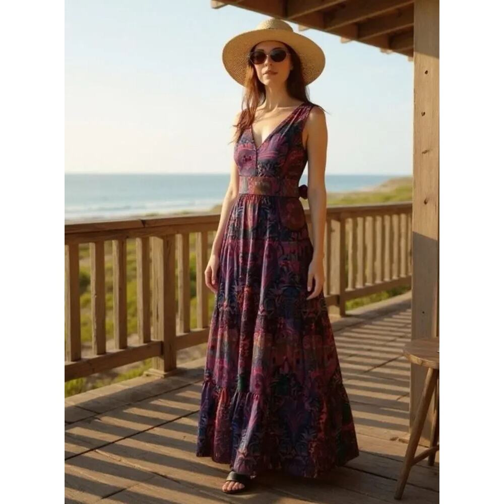 J. Crew Paisley Print Maxi Dress US 2 Tiered Ratti Scarf Colorful 100% Cotton - Picture 6 of 15
